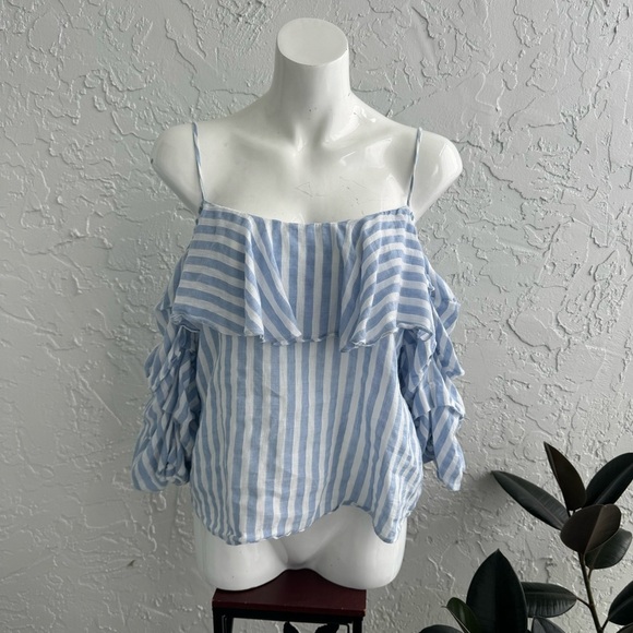 ZARA Striped Light Blue & White Off the Shoulder 3/4 Ruffled sleeves Crop Top, L - Picture 10 of 13